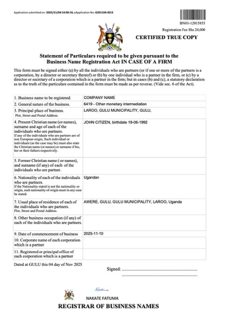 Uganda business name registration certificate Word and PDF template, version 3